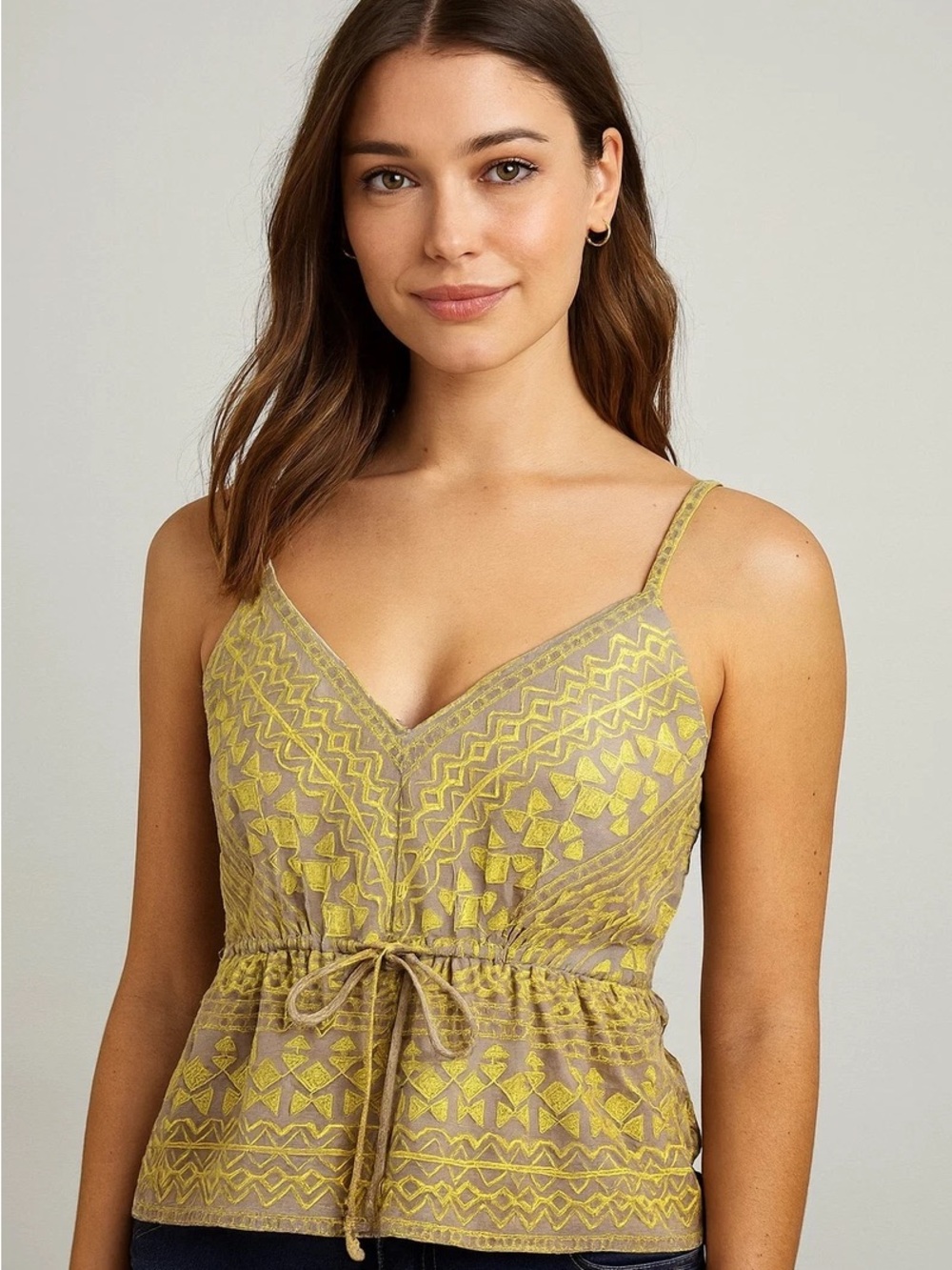 🌵 BCBG MAXAZRIA Emeli Women's Light Stone Embroidered Drawstring Tank Top - S